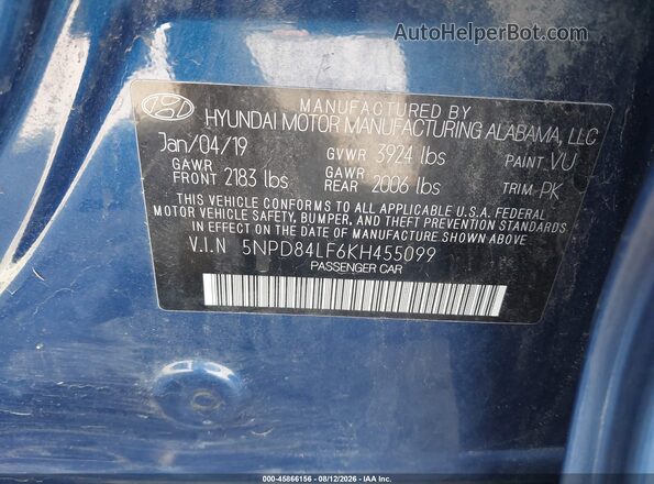 5NPD84LF6KH455099 2019 HYUNDAI ELANTRA Blue Вид підкапотного простору