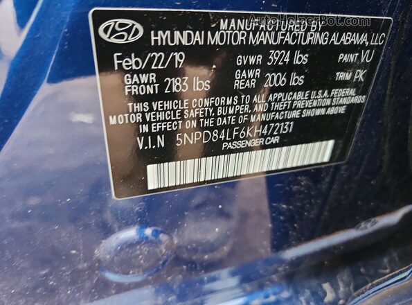5NPD84LF6KH472131 2019 HYUNDAI ELANTRA Blue VIN կոդի պիտակի տեսք