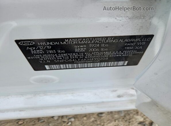 5NPD84LF6KH490208 2019 HYUNDAI ELANTRA White Widok naklejki z numerem VIN