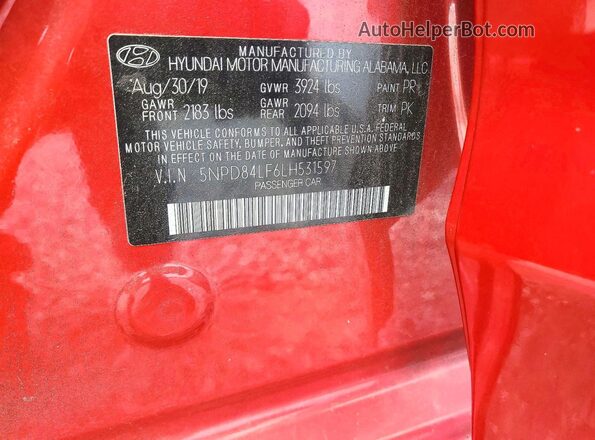 5NPD84LF6LH531597 2020 HYUNDAI ELANTRA Red VIN sticker view