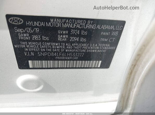 5NPD84LF6LH533222 2020 HYUNDAI ELANTRA White Շարժիչի բաժամունքի տեսք