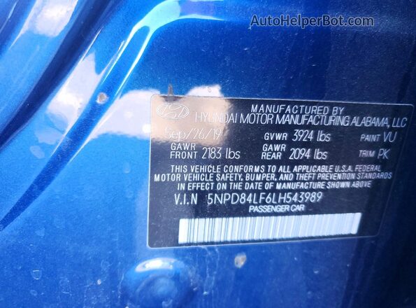 5NPD84LF6LH543989 2020 HYUNDAI ELANTRA Blue Vista de la etiqueta del VIN