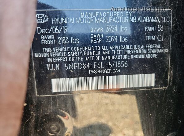 5NPD84LF6LH571856 2020 HYUNDAI ELANTRA Black ძრავის განყოფილების ხედი