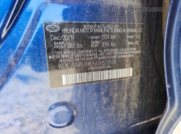 5NPD84LF6LH578578 2020 HYUNDAI ELANTRA Blue Vista del compartimento del motor