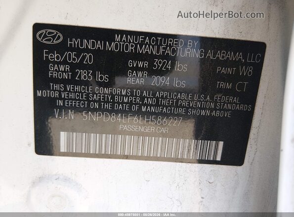 5NPD84LF6LH586227 2020 HYUNDAI ELANTRA White Вид підкапотного простору