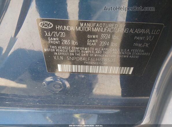 5NPD84LF6LH608503 2020 HYUNDAI ELANTRA Blue Widok komory silnika