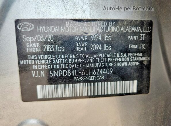 5NPD84LF6LH624409 2020 HYUNDAI ELANTRA Silver Widok naklejki z numerem VIN