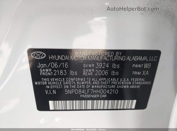 5NPD84LF7HH004210 2017 HYUNDAI ELANTRA White ძრავის განყოფილების ხედი