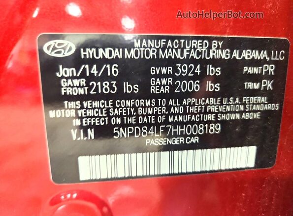5NPD84LF7HH008189 2017 HYUNDAI ELANTRA Red Widok naklejki z numerem VIN