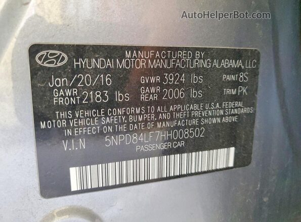 5NPD84LF7HH008502 2017 HYUNDAI ELANTRA Серый Вид наклейки с VIN-кодом