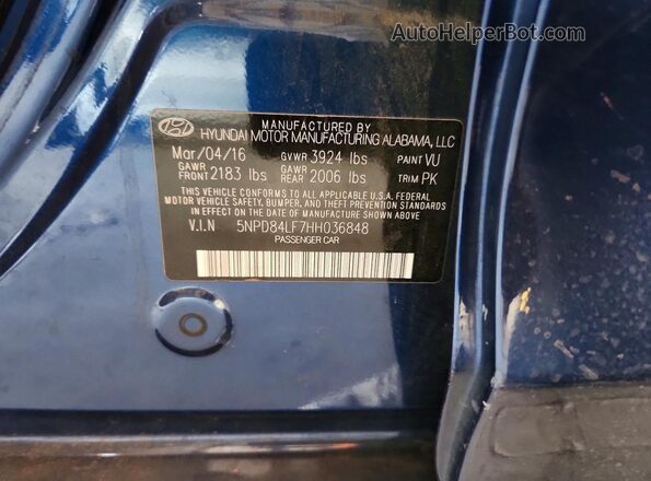 5NPD84LF7HH036848 2017 HYUNDAI ELANTRA Blue Widok komory silnika