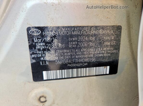 5NPD84LF7HH046196 2017 HYUNDAI ELANTRA Золотой Вид наклейки с VIN-кодом