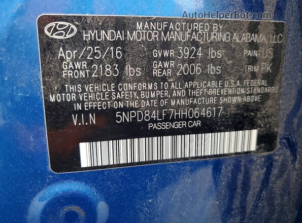 5NPD84LF7HH064617 2017 HYUNDAI ELANTRA Blue Вид підкапотного простору