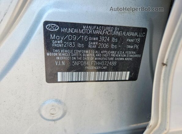 5NPD84LF7HH072488 2017 HYUNDAI ELANTRA Silver Вид наклейки з VIN-кодом