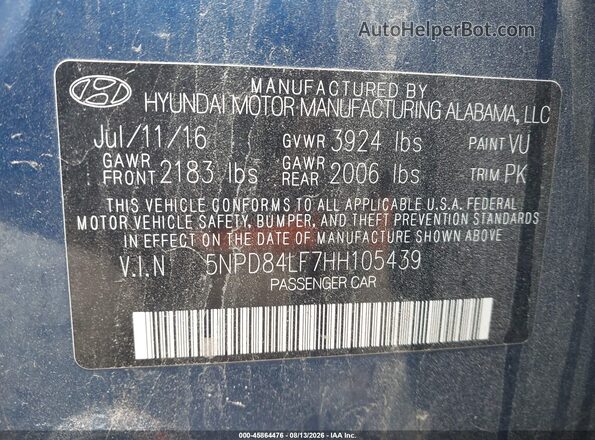 5NPD84LF7HH105439 2017 HYUNDAI ELANTRA Blue Engine compartment view