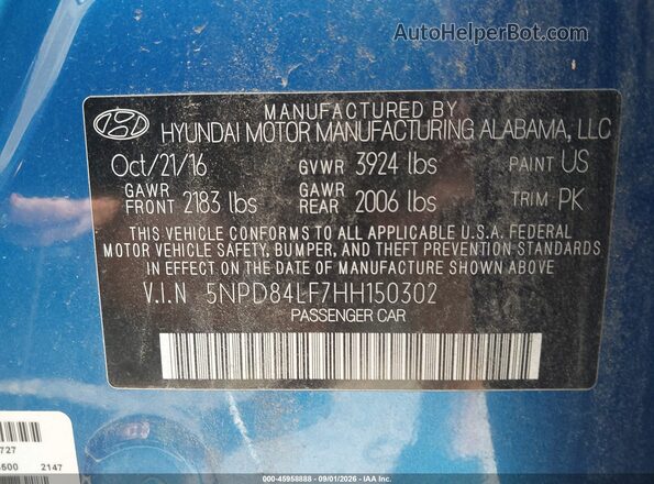 5NPD84LF7HH150302 2017 HYUNDAI ELANTRA Blue ძრავის განყოფილების ხედი