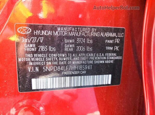 5NPD84LF7HH185941 2017 HYUNDAI ELANTRA Red Vista del compartimento del motor