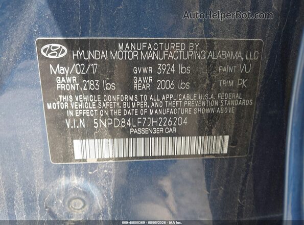 5NPD84LF7JH226204 2018 HYUNDAI ELANTRA Blue Vista del compartimento del motor
