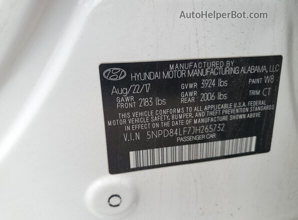 5NPD84LF7JH265732 2018 HYUNDAI ELANTRA White Vista de la etiqueta del VIN