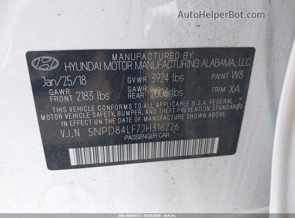 5NPD84LF7JH316226 2018 HYUNDAI ELANTRA Белый Вид подкапотного пространства