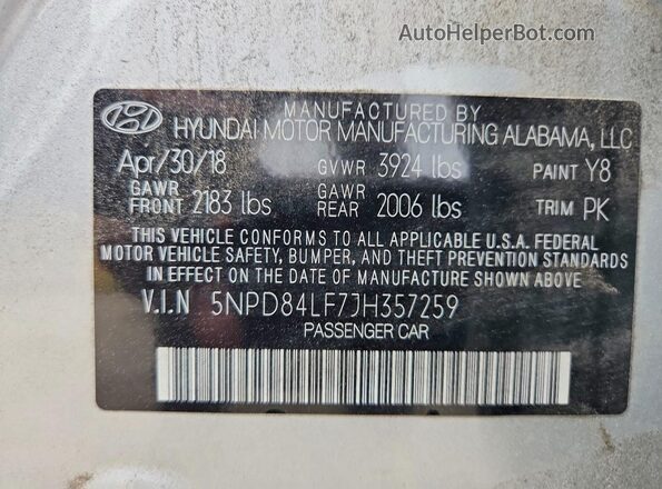 5NPD84LF7JH357259 2018 HYUNDAI ELANTRA Silver Vista de la etiqueta del VIN