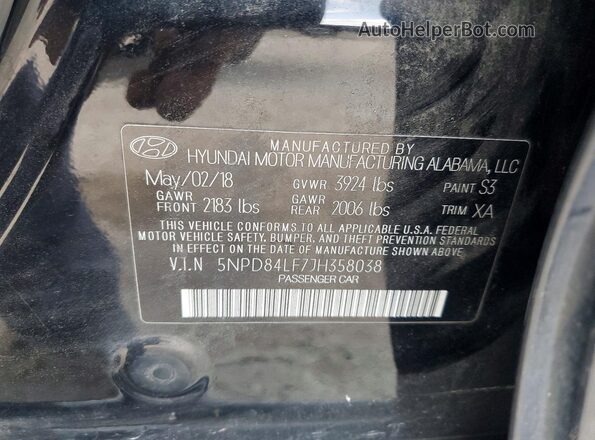 5NPD84LF7JH358038 2018 HYUNDAI ELANTRA Black VIN sticker view