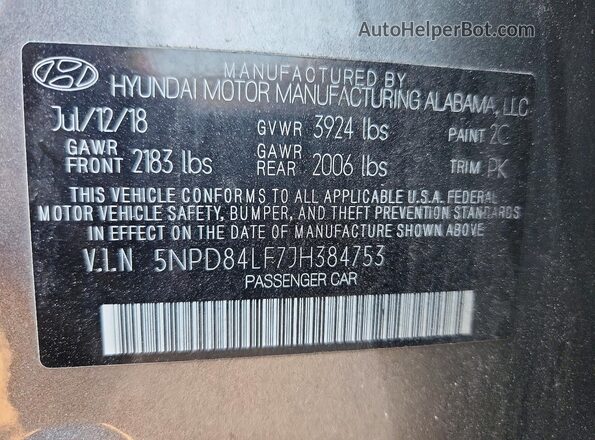 5NPD84LF7JH384753 2018 HYUNDAI ELANTRA Gray Widok naklejki z numerem VIN