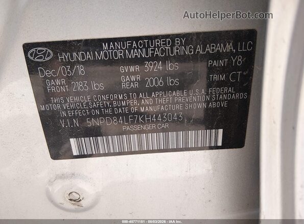 5NPD84LF7KH443043 2019 HYUNDAI ELANTRA Silver Вид підкапотного простору