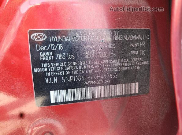5NPD84LF7KH449652 2019 HYUNDAI ELANTRA Red ძრავის განყოფილების ხედი