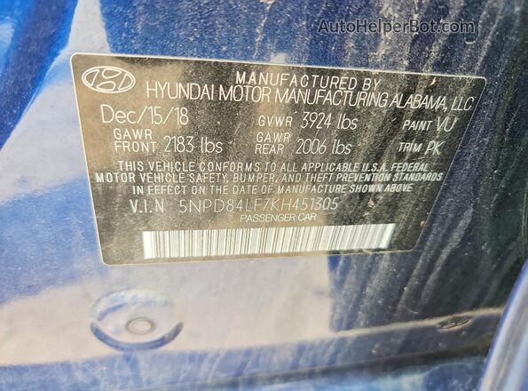 5NPD84LF7KH451305 2019 HYUNDAI ELANTRA Blue Vista del compartimento del motor