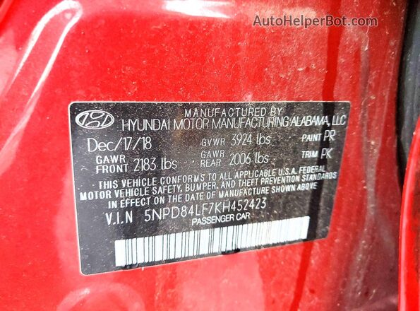5NPD84LF7KH452423 2019 HYUNDAI ELANTRA Red Вид підкапотного простору