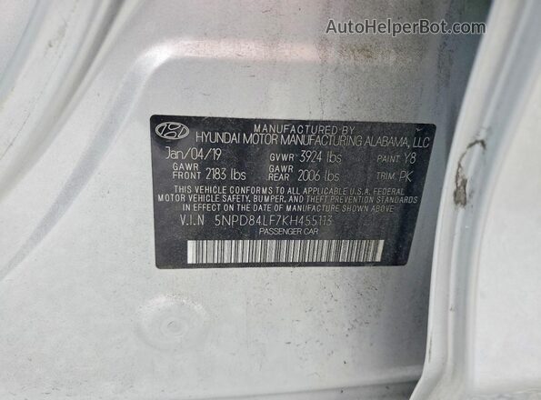 5NPD84LF7KH455113 2019 HYUNDAI ELANTRA Silver Vista de la etiqueta del VIN