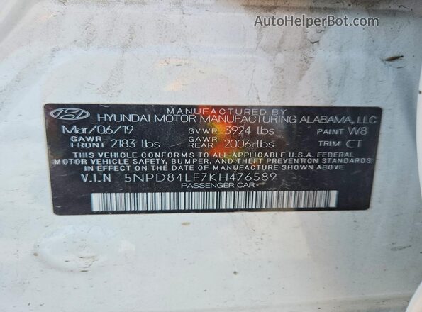 5NPD84LF7KH476589 2019 HYUNDAI ELANTRA White Շարժիչի բաժամունքի տեսք