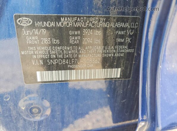 5NPD84LF7LH508362 2020 HYUNDAI ELANTRA Blue Вид наклейки з VIN-кодом