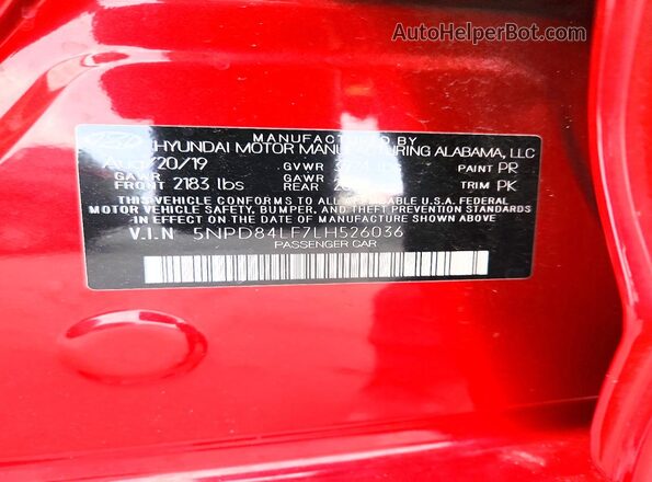 5NPD84LF7LH526036 2020 HYUNDAI ELANTRA Красный Вид подкапотного пространства