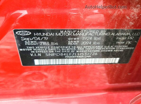 5NPD84LF7LH532726 2020 HYUNDAI ELANTRA Red Вид наклейки з VIN-кодом