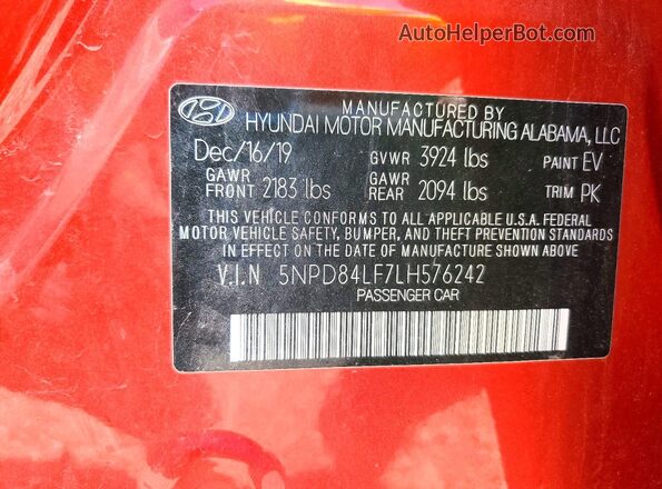 5NPD84LF7LH576242 2020 HYUNDAI ELANTRA Red Вид підкапотного простору