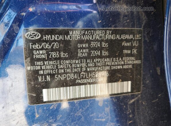 5NPD84LF7LH586916 2020 HYUNDAI ELANTRA Blue Vista del compartimento del motor