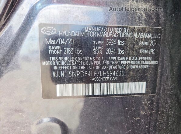 5NPD84LF7LH594630 2020 HYUNDAI ELANTRA Charcoal VIN კოდის სტიკერის ხედი