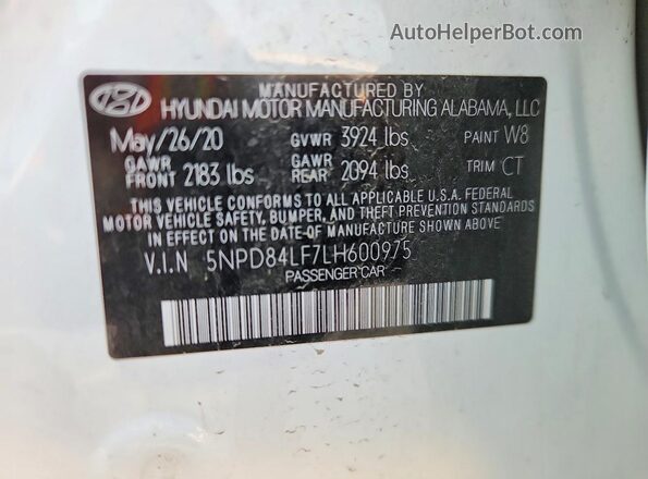 5NPD84LF7LH600975 2020 HYUNDAI ELANTRA White Vista de la etiqueta del VIN