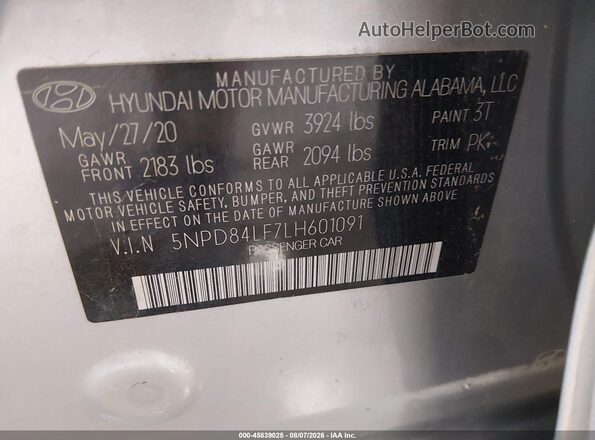 5NPD84LF7LH601091 2020 HYUNDAI ELANTRA Silver ძრავის განყოფილების ხედი