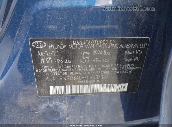 5NPD84LF7LH607067 2020 HYUNDAI ELANTRA Blue Widok komory silnika