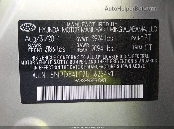 5NPD84LF7LH622491 2020 HYUNDAI ELANTRA Silver Vista del compartimento del motor