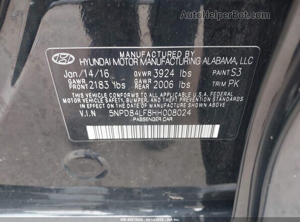 5NPD84LF8HH008024 2017 HYUNDAI ELANTRA Black Engine compartment view
