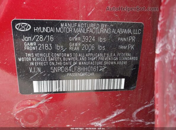 5NPD84LF8HH016172 2017 HYUNDAI ELANTRA Red Շարժիչի բաժամունքի տեսք