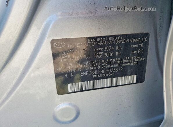 5NPD84LF8HH023672 2017 HYUNDAI ELANTRA Silver Vista de la etiqueta del VIN