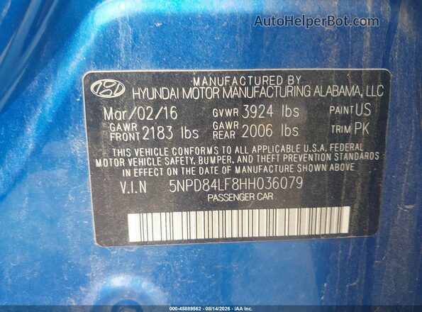 5NPD84LF8HH036079 2017 HYUNDAI ELANTRA Blue Շարժիչի բաժամունքի տեսք