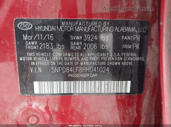 5NPD84LF8HH041024 2017 HYUNDAI ELANTRA Red Widok komory silnika