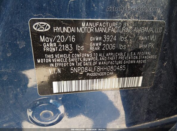 5NPD84LF8HH080485 2017 HYUNDAI ELANTRA Blue Շարժիչի բաժամունքի տեսք