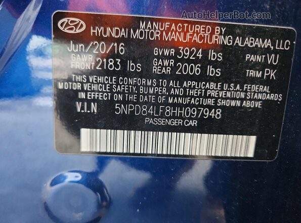 5NPD84LF8HH097948 2017 HYUNDAI ELANTRA Blue Widok komory silnika